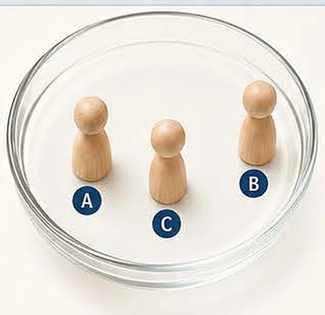 Tigela com três figuras marcadas A, B e C