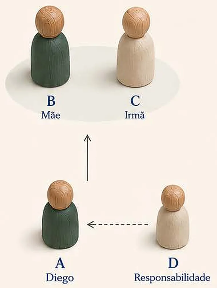 Quatro figuras representando Diego, mãe, irmã e responsabilidade