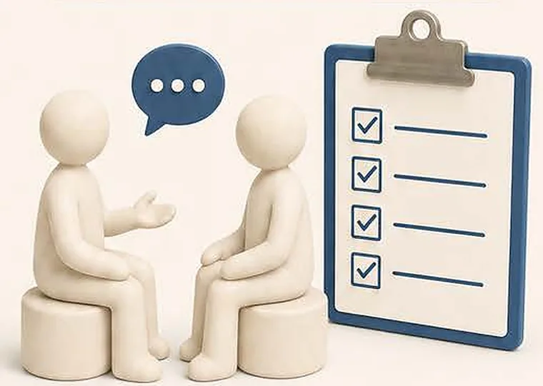 Bonecos de argila conversando ao lado de uma prancheta com checklist